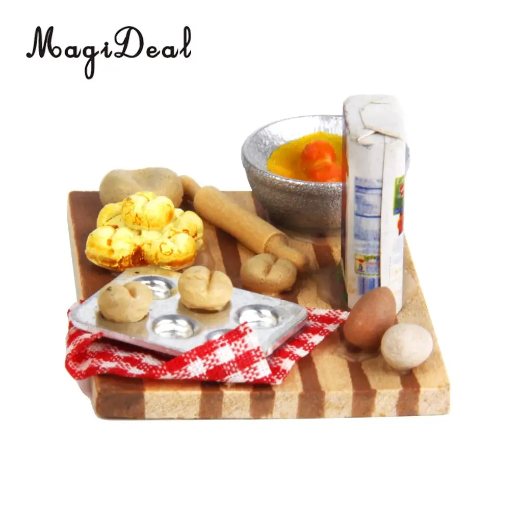MagiDeal Colorful 1Set 1/12 Dollhouse Miniature Kitchen Food Eggs Milk Bread on Board for Kids Role Play Game Tableware Cookware