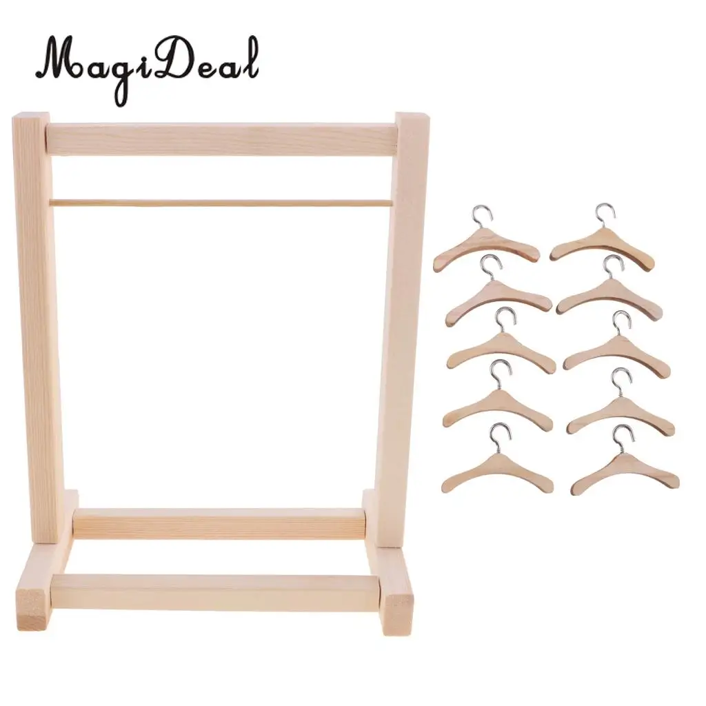 DIY Assembled Wooden Clothes Hanging Shelf and 10 Pieces Clothes Hook Hanger for 12'' Blythe Dolls