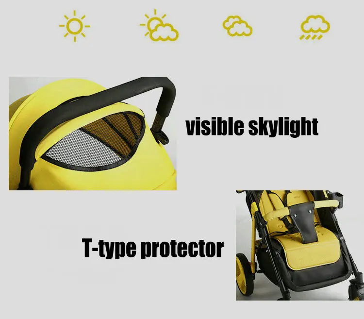 Un cochecito amarillo con una sombrilla y una luz de cielo visible