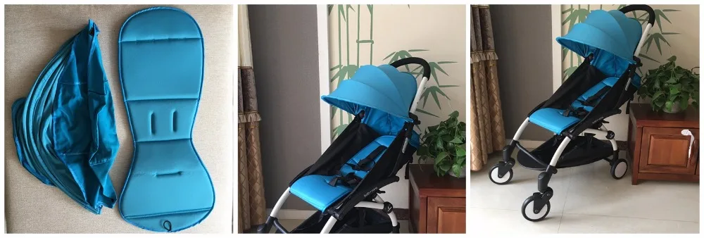 Cochecito con capota azul y reposapiés azul a juego. El cochecito está en posición plegada, que es la forma compacta que adopta cuando no está en uso. El reposapiés también se muestra en posición desplegada, lo que demuestra cómo se puede extender para comodidad del niño.
