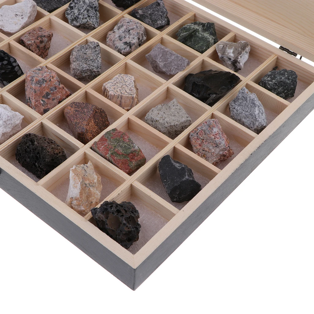 Rock & Mineral Collection - Igneous Rock Set Geology Specimens Earth Science Educational Toy - Wooden Box Of 30pcs Magmatic Rock