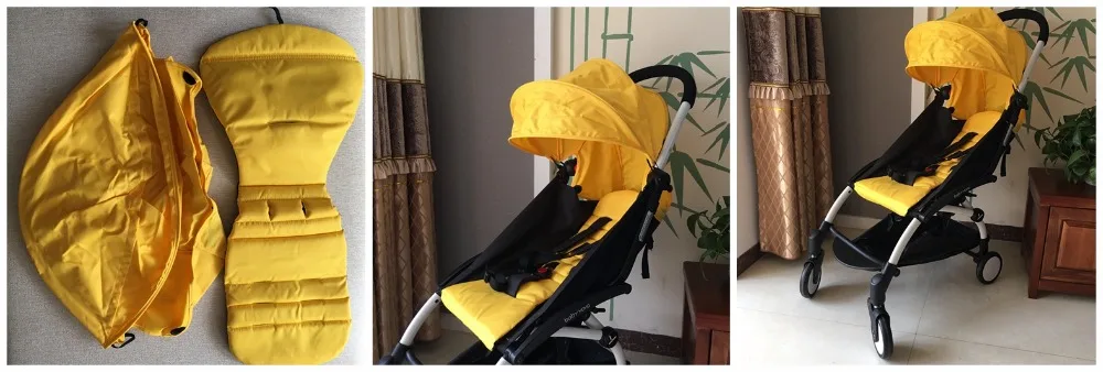 Un paraguas amarillo que ha sido doblado y colocado sobre una superficie. El paraguas está diseñado para ser compacto y portátil, como lo indica su estado plegado. La segunda imagen muestra el mismo paraguas desplegado y sujeto a un cochecito, brindando sombra y protección contra los elementos al niño en el cochecito.