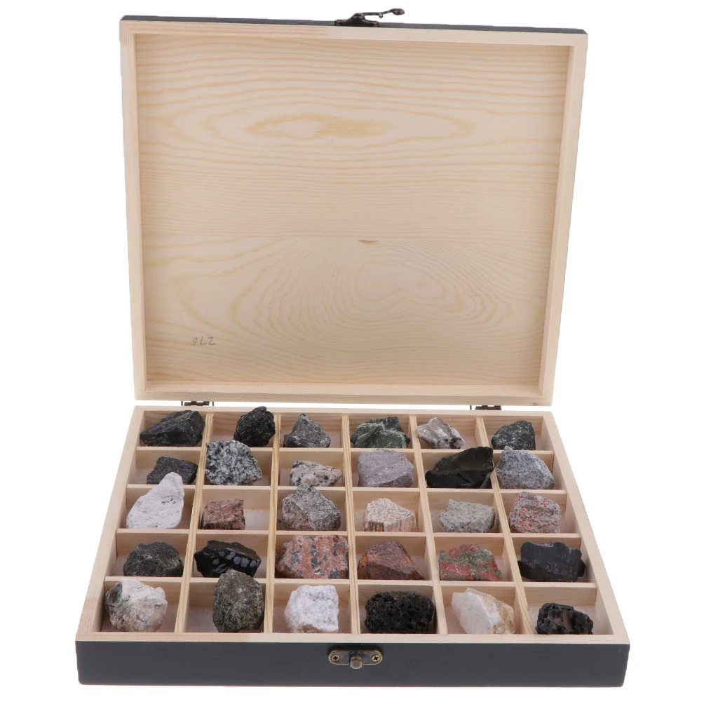 Rock & Mineral Collection - Igneous Rock Set Geology Specimens Earth Science Educational Toy - Wooden Box Of 30pcs Magmatic Rock
