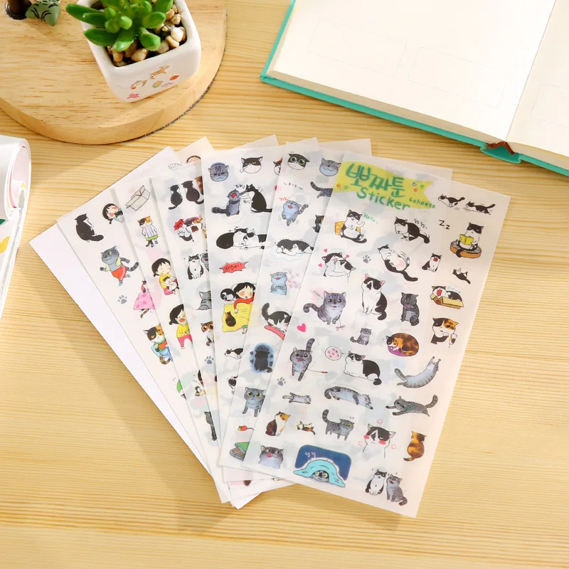 6 hojas/juego de pegatinas creativas transparentes de PVC, bonito gato blanco y negro, decoración para álbum de fotos de niñas, pegatina, juguete DIY para niños - imagen 2