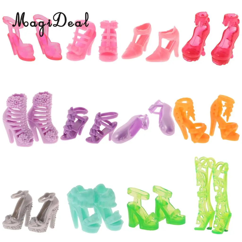 MagiDeal Fashion 12Pair/Lot PVC Trendy Multiple Styles High Heel Sandal Boots Shoes for Doll Daily Wear Girls Toy Birthday Gift