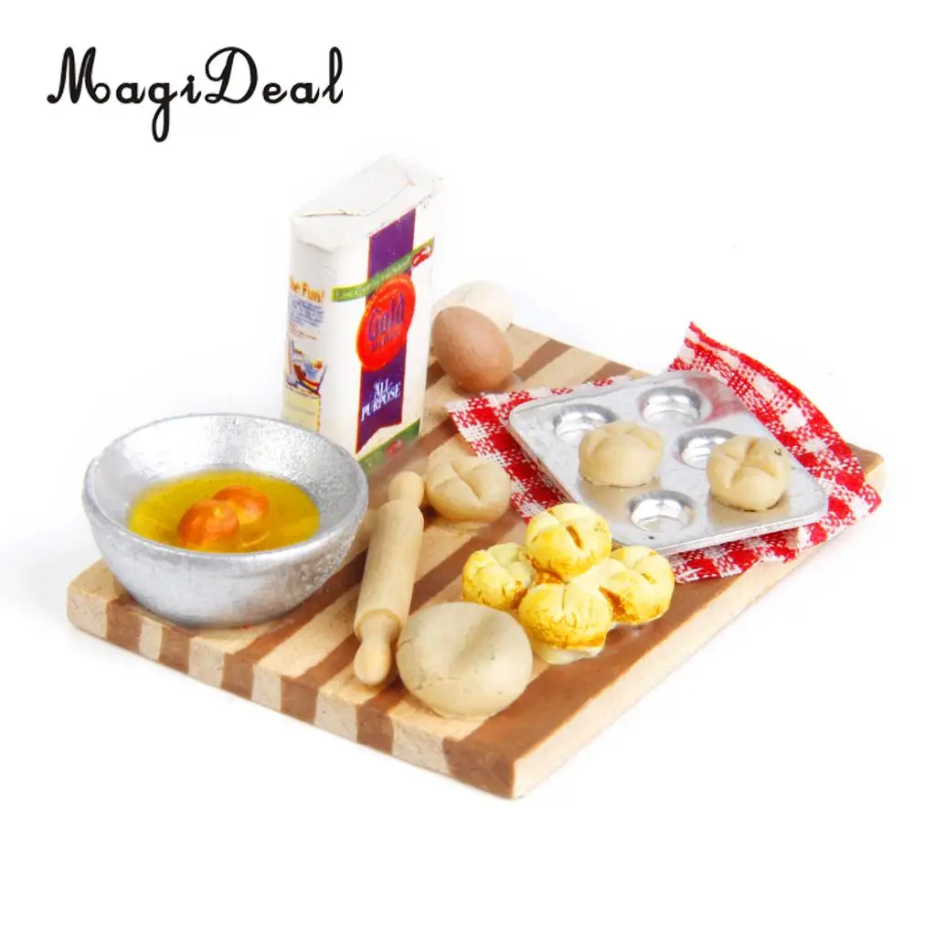 MagiDeal Colorful 1Set 1/12 Dollhouse Miniature Kitchen Food Eggs Milk Bread on Board for Kids Role Play Game Tableware Cookware