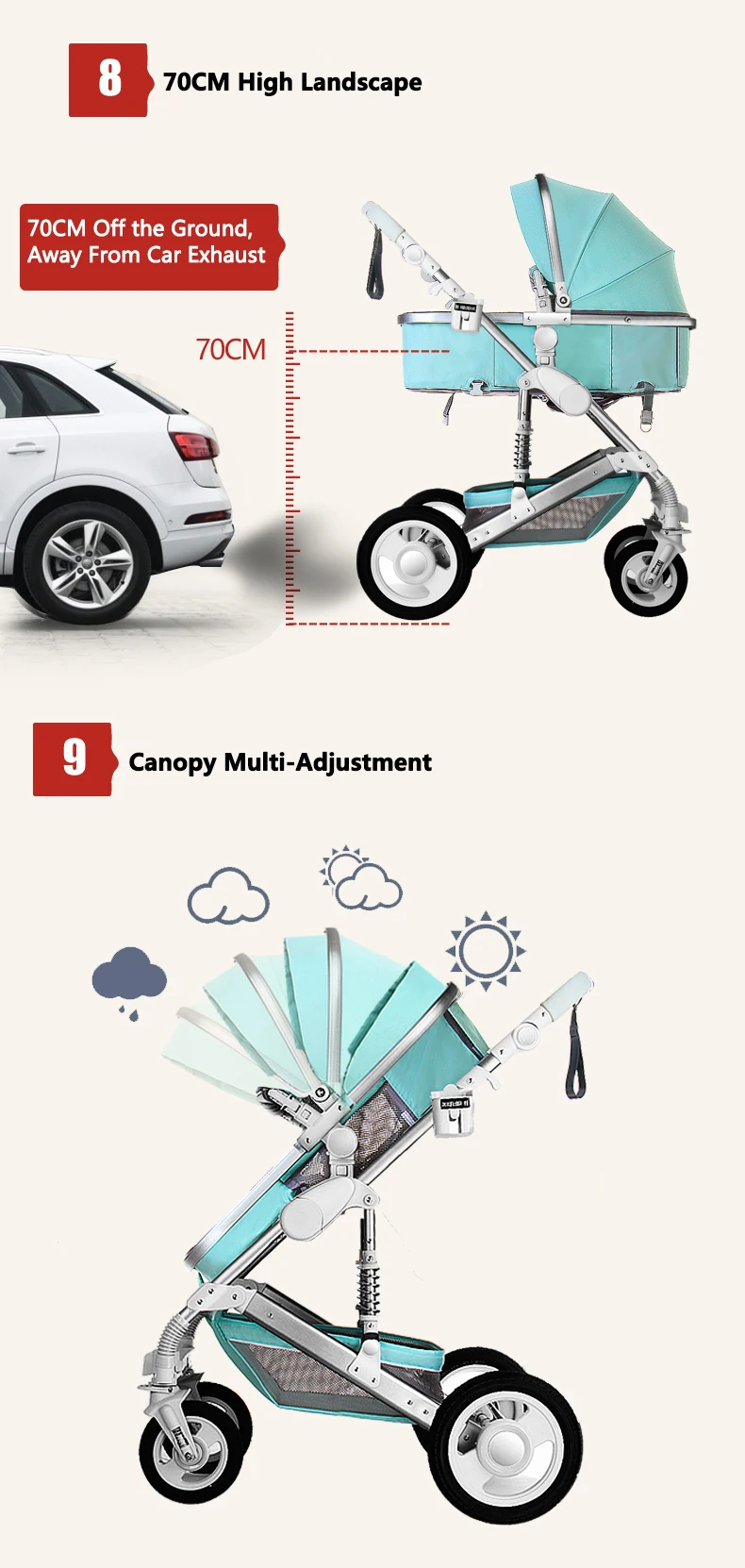 High Landscape Luxury Infant 3 in 1 stroller Baby Stroller Carriage Basket Four Wheels Stroller Baby Safe Seat