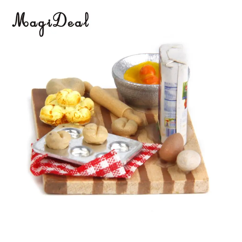 MagiDeal Colorful 1Set 1/12 Dollhouse Miniature Kitchen Food Eggs Milk Bread on Board for Kids Role Play Game Tableware Cookware