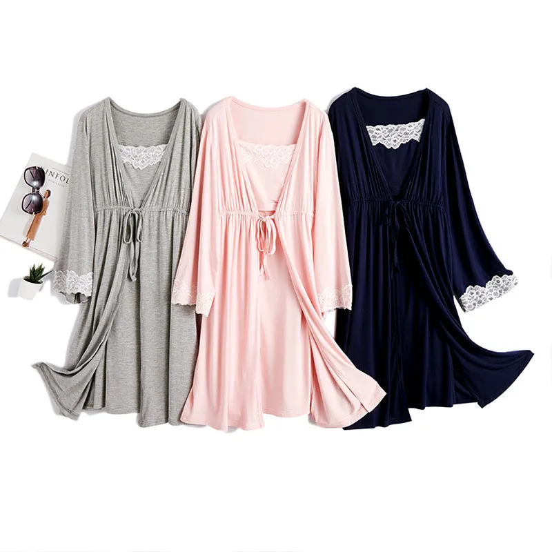 camison lactancia 2 unids/set pijamas de maternidad de embarazo ropa de dormir pijamas embarazadas de lactancia camisón de maternidad elegante vestido de lactancia - imagen 2