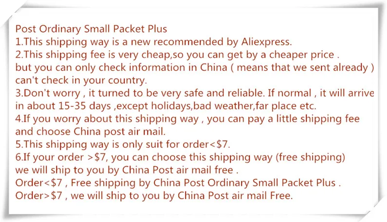 La imagen contiene un texto que parece ser una lista de opciones de envío o información relacionada con el envío. Menciona Post Ordinary Small Packet Plus y proporciona detalles sobre el método de envío, incluido su costo, confiabilidad y el tiempo de entrega.