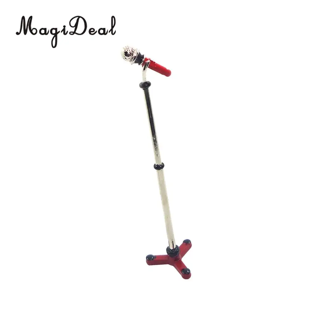 MagiDeal 1/12 Dollhouse Miniature Musical Instrument Alloy Microphone w/ Holder for Dolls House Decor Kids Toy 2Colors 9x2cm