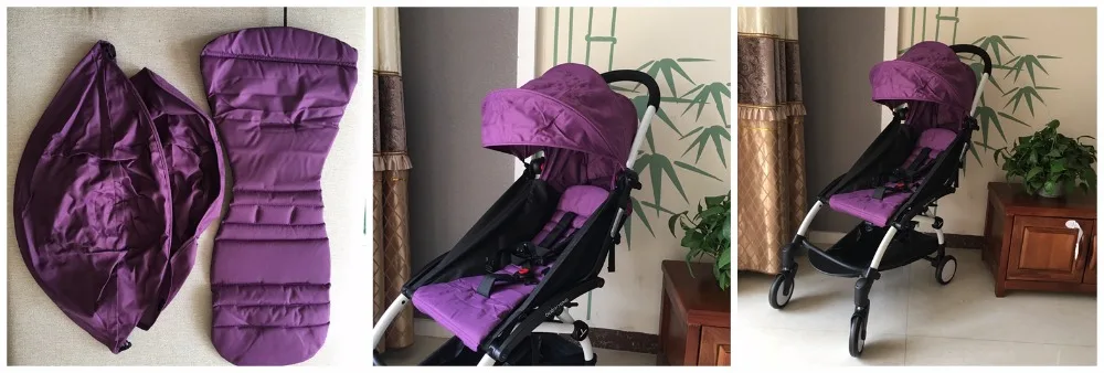Un cochecito de bebé morado en tres estados diferentes. A la izquierda, el cochecito está plegado y parece compacto, apto para almacenamiento o transporte. En el centro, la silla de paseo está parcialmente desplegada, dejando ver el asiento y parte de la capota.