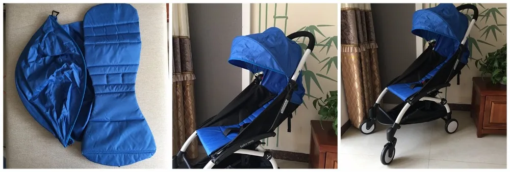 Un cochecito con capota azul y un saco para pies adjunto. El saco para pies está diseñado para mantener los pies del niño calientes y protegidos del frío o la humedad. El cochecito se muestra en tres posiciones diferentes:

1