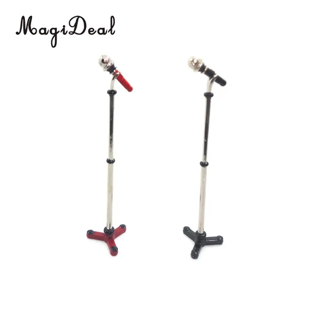 MagiDeal 1/12 Dollhouse Miniature Musical Instrument Alloy Microphone w/ Holder for Dolls House Decor Kids Toy 2Colors 9x2cm