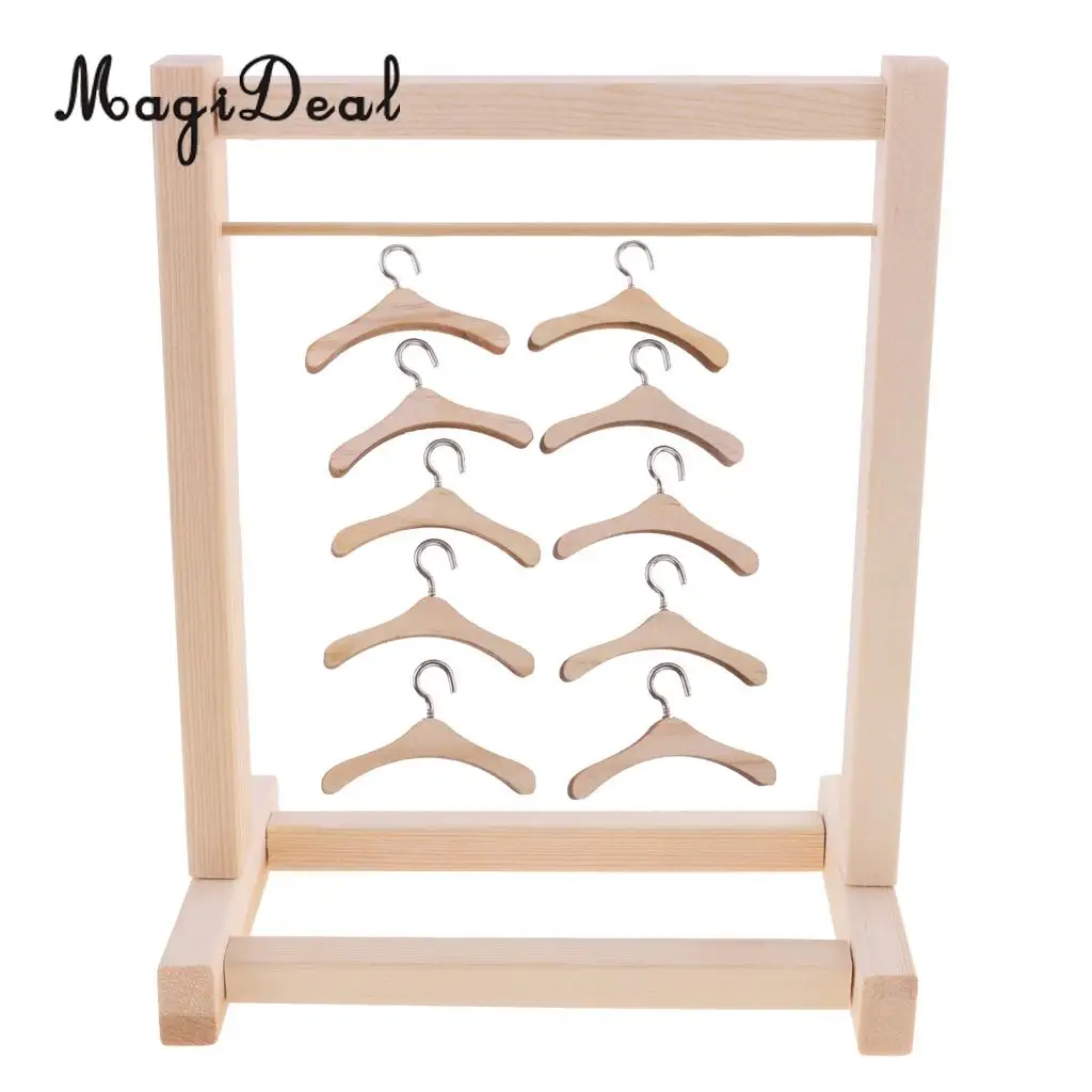 DIY Assembled Wooden Clothes Hanging Shelf and 10 Pieces Clothes Hook Hanger for 12'' Blythe Dolls