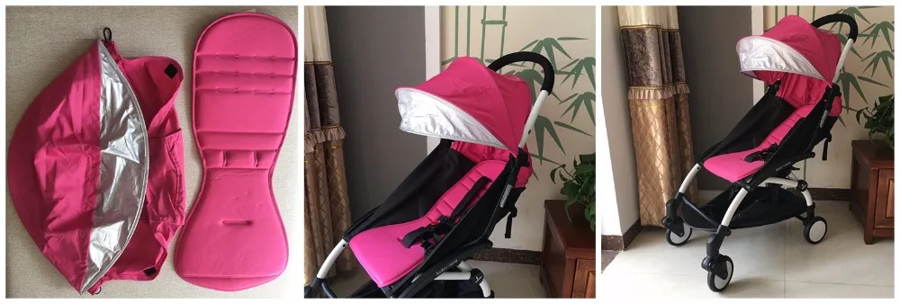 Un cochecito rosa y negro con capota. El cochecito está diseñado para un niño y parece ser un modelo compacto y plegable, lo que suele resultar cómodo para los padres que necesitan transportarlo fácilmente. El cochecito se muestra en tres estados diferentes:

1