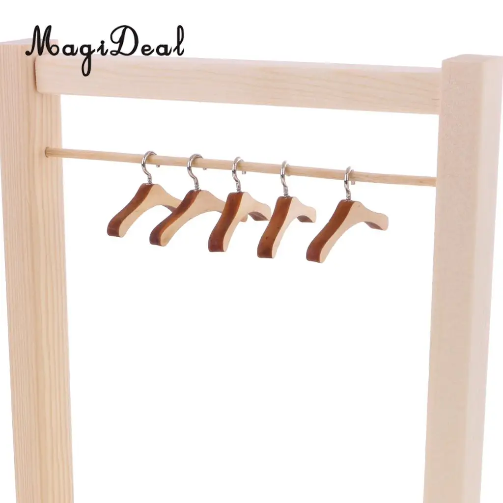 DIY Assembled Wooden Clothes Hanging Shelf and 10 Pieces Clothes Hook Hanger for 12'' Blythe Dolls