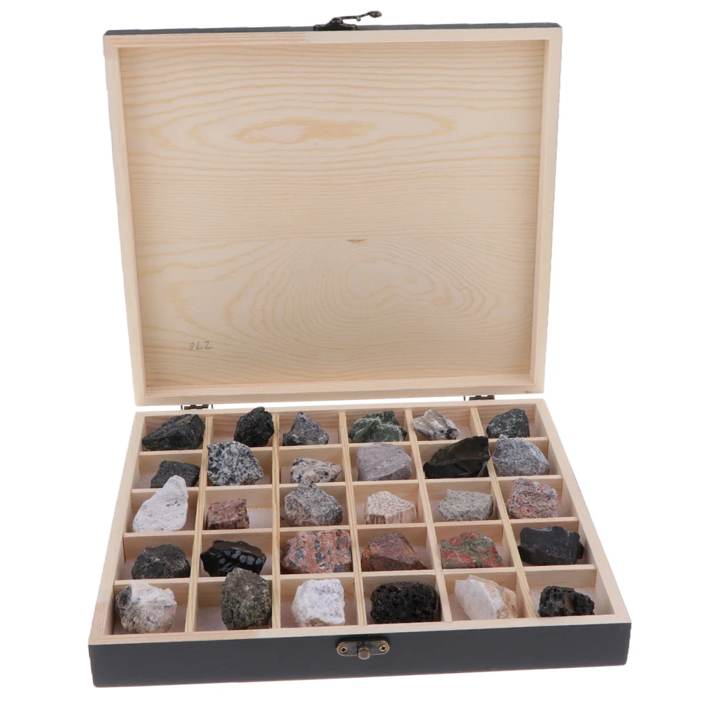 Rock & Mineral Collection - Igneous Rock Set Geology Specimens Earth Science Educational Toy - Wooden Box Of 30pcs Magmatic Rock