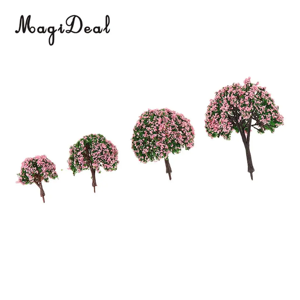 MagiDeal 4Pcs/Lot Scenery Landscape Plastic Model Trees with Pink Flowers for Street Railway Forest Garden House Decor Layout