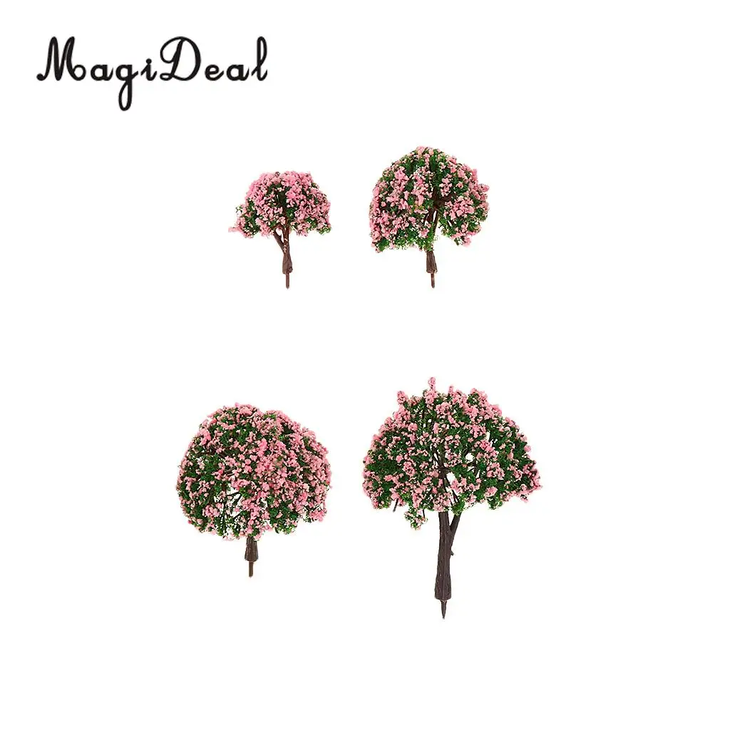 MagiDeal 4Pcs/Lot Scenery Landscape Plastic Model Trees with Pink Flowers for Street Railway Forest Garden House Decor Layout
