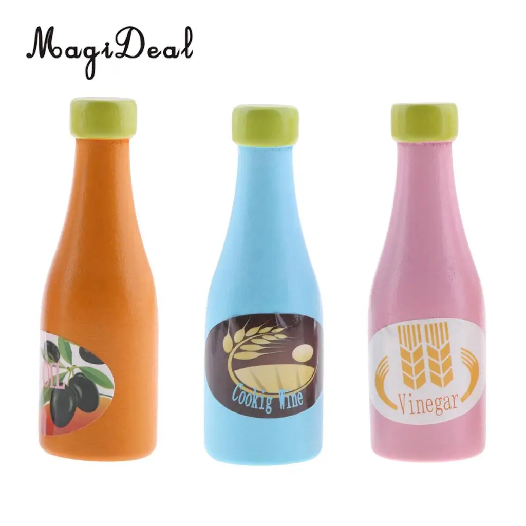 MagiDeal Colorful 3Pcs/Pack Wooden Seasoning Bottles for Children Thinking Ability Pretend Play Food Role Play Game Kitchen Toy 