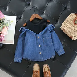 Camisa vaquera de manga larga sin hombros para niña