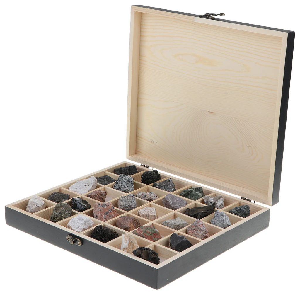 Rock & Mineral Collection - Igneous Rock Set Geology Specimens Earth Science Educational Toy - Wooden Box Of 30pcs Magmatic Rock