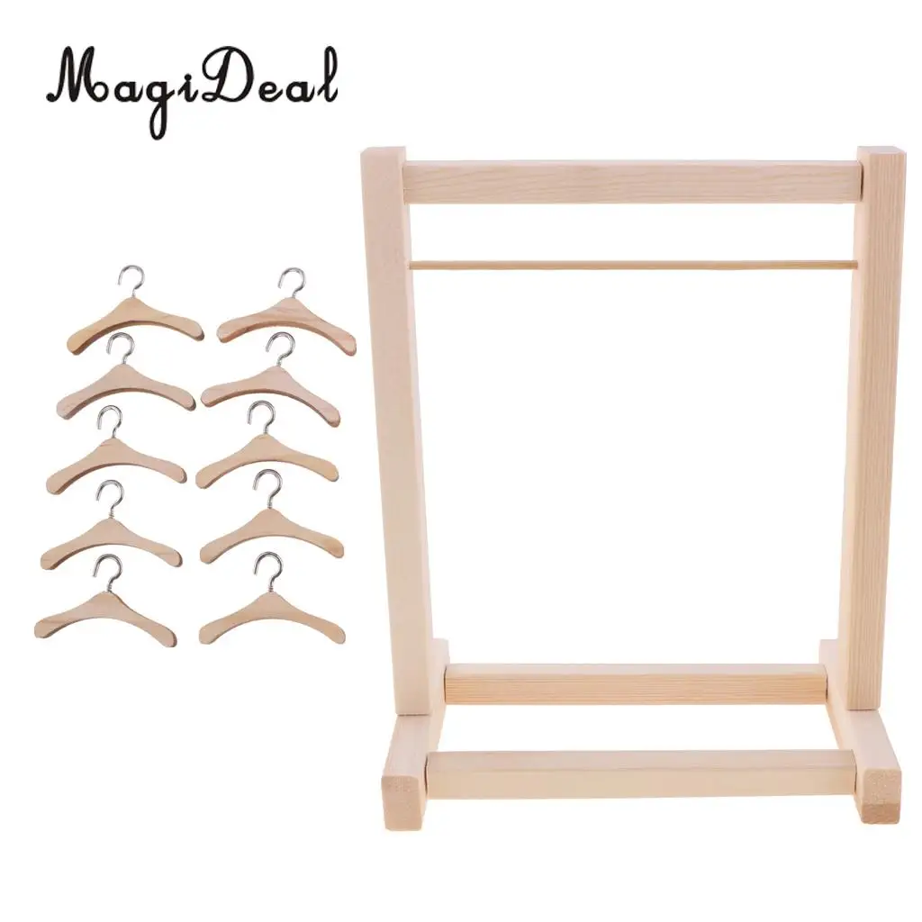 DIY Assembled Wooden Clothes Hanging Shelf and 10 Pieces Clothes Hook Hanger for 12'' Blythe Dolls