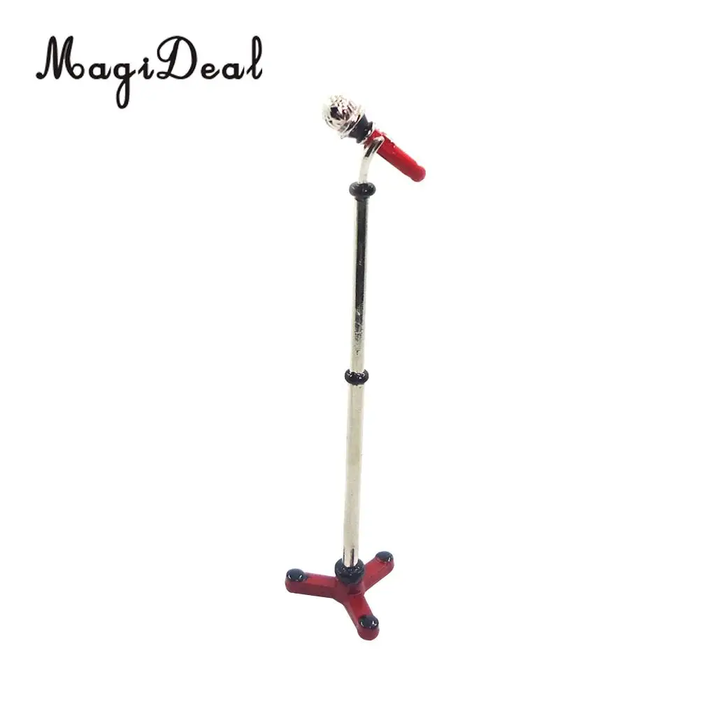 MagiDeal 1/12 Dollhouse Miniature Musical Instrument Alloy Microphone w/ Holder for Dolls House Decor Kids Toy 2Colors 9x2cm