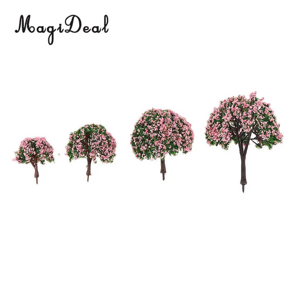 MagiDeal 4Pcs/Lot Scenery Landscape Plastic Model Trees with Pink Flowers for Street Railway Forest Garden House Decor Layout
