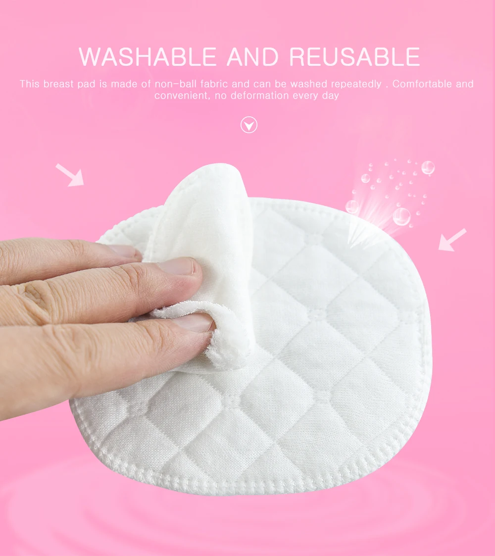 Una mano que sostiene un protector para el pecho acolchado y blanco. La almohadilla parece estar diseñada para brindar comodidad y se describe como lavable y reutilizable. Hay burbujas alrededor de la almohadilla, lo que sugiere que se puede lavar sin dañarla, y el texto enfatiza su comodidad y conveniencia.
