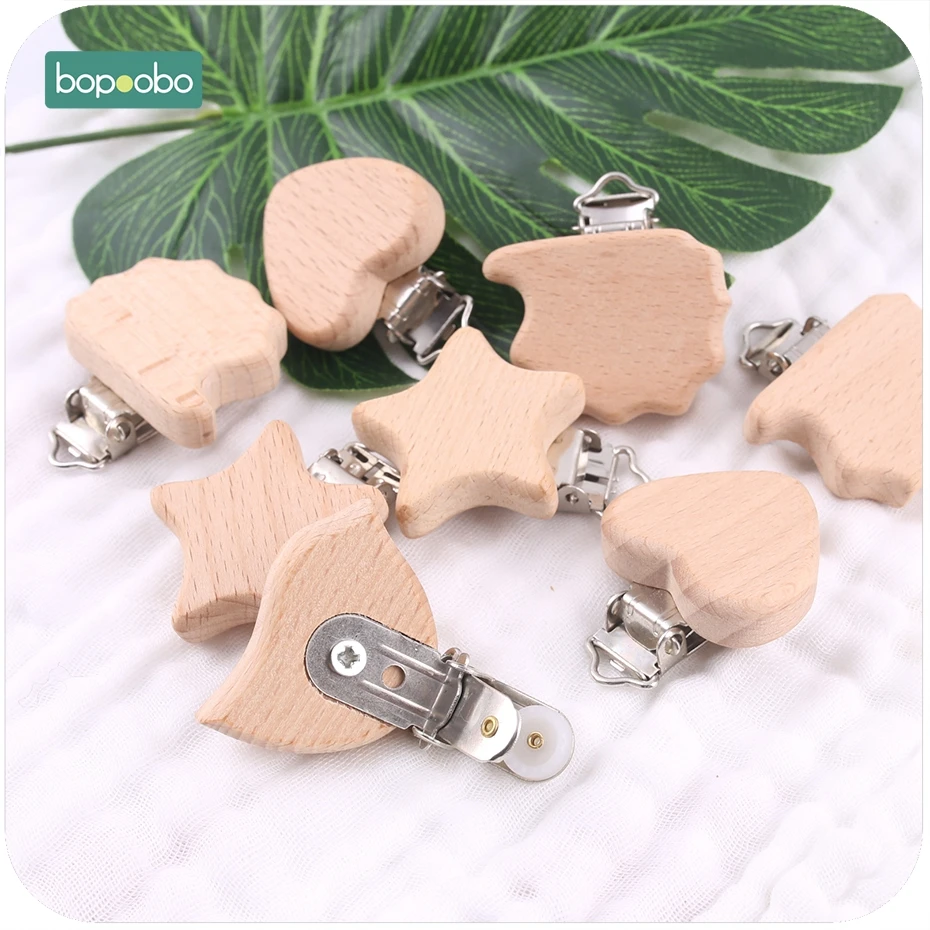 Bopoobo-chupete de madera para bebé, accesorios de madera para bebé, Clips de Metal, soporte de corazón, mordedor de madera para bebé, 2 uds. - imagen 4