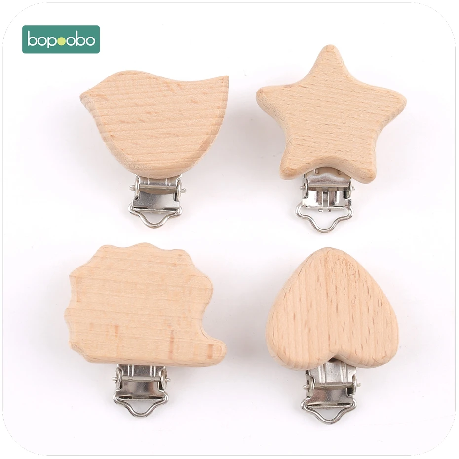 Bopoobo-chupete de madera para bebé, accesorios de madera para bebé, Clips de Metal, soporte de corazón, mordedor de madera para bebé, 2 uds. - imagen 3