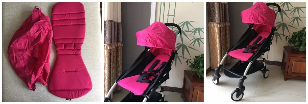 Un cochecito de bebé rosa con un saco rosa a juego y una capota rosa. El cochecito está diseñado con una estructura negra y tiene un pliegue compacto, adecuado para un fácil almacenamiento y transporte.