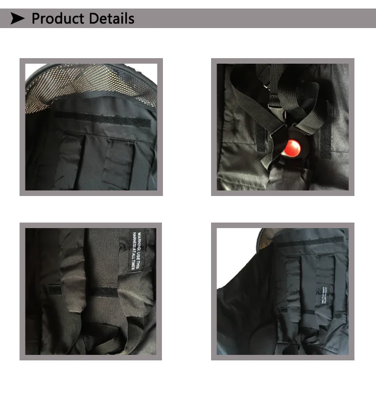 Un producto con cuatro vistas diferentes, probablemente parte de una página de detalles del producto. El producto parece ser una pieza de equipo táctico o para actividades al aire libre, posiblemente una bolsa o un bolso, dadas las correas y hebillas visibles.