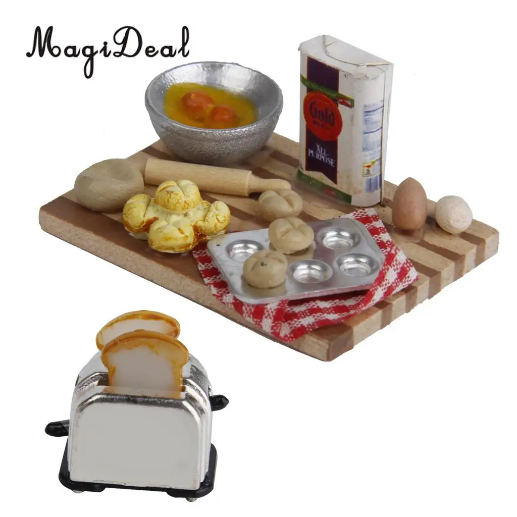 MagiDeal Colorful 1Set 1/12 Dollhouse Miniature Kitchen Food Eggs Milk Bread on Board for Kids Role Play Game Tableware Cookware