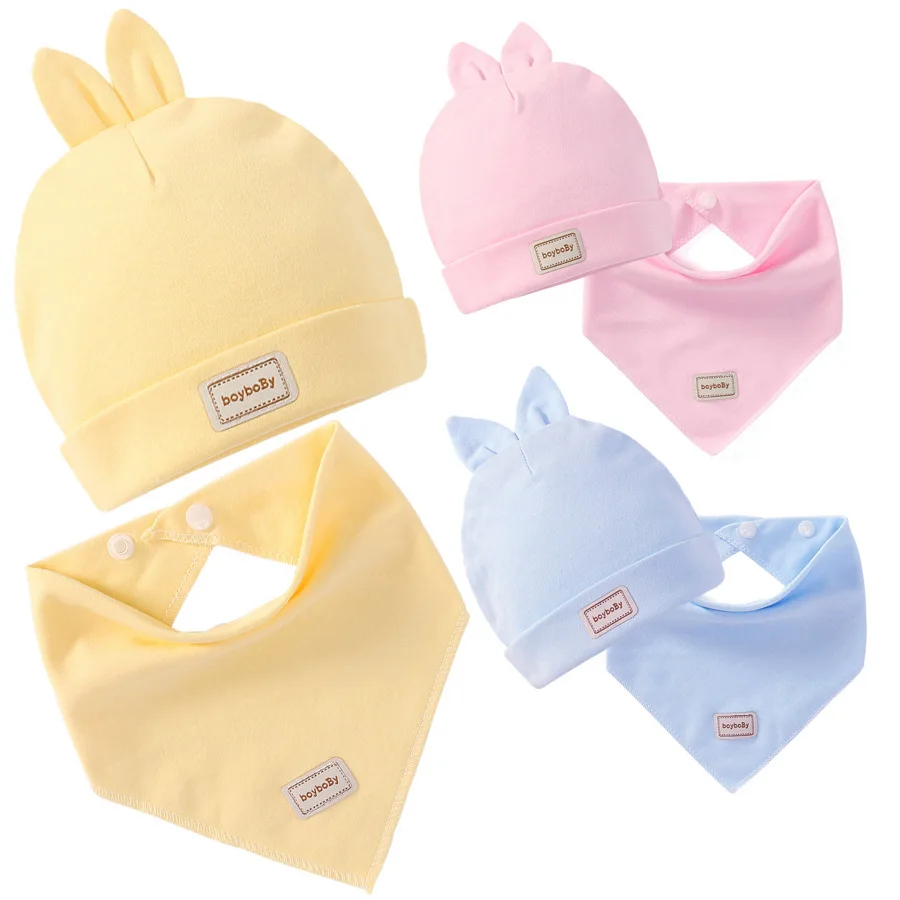 Pañuelo elástico para la cabeza para bebé recién nacido, gorros y sombreros de algodón de doble capa con Baberos para bebé, conjunto rosa, amarillo y azul cielo, Modis 482