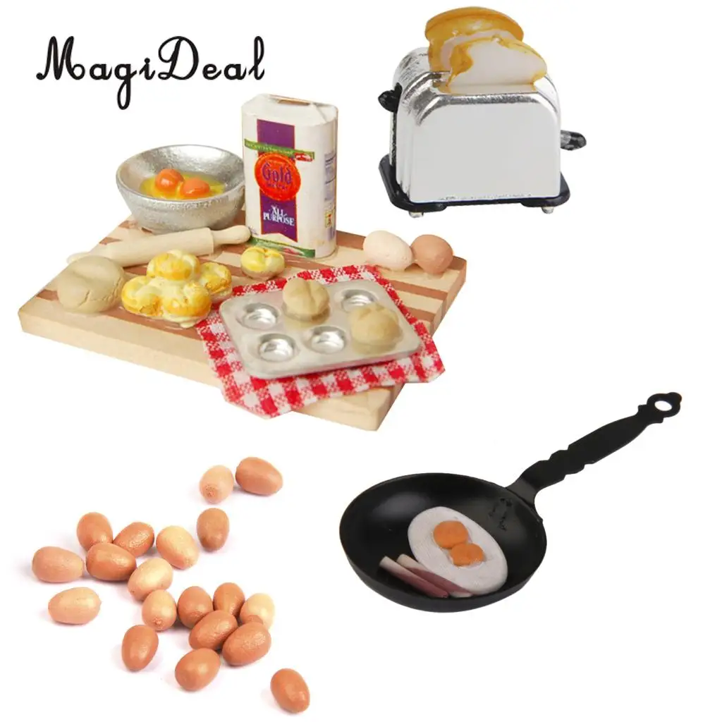 MagiDeal Colorful 1Set 1/12 Dollhouse Miniature Kitchen Food Eggs Milk Bread on Board for Kids Role Play Game Tableware Cookware