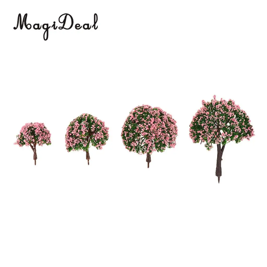 MagiDeal 4Pcs/Lot Scenery Landscape Plastic Model Trees with Pink Flowers for Street Railway Forest Garden House Decor Layout