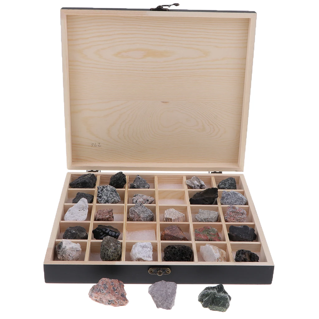 Rock & Mineral Collection - Igneous Rock Set Geology Specimens Earth Science Educational Toy - Wooden Box Of 30pcs Magmatic Rock