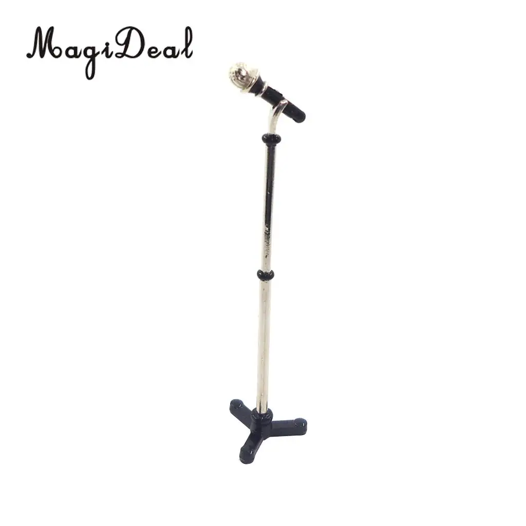 MagiDeal 1/12 Dollhouse Miniature Musical Instrument Alloy Microphone w/ Holder for Dolls House Decor Kids Toy 2Colors 9x2cm