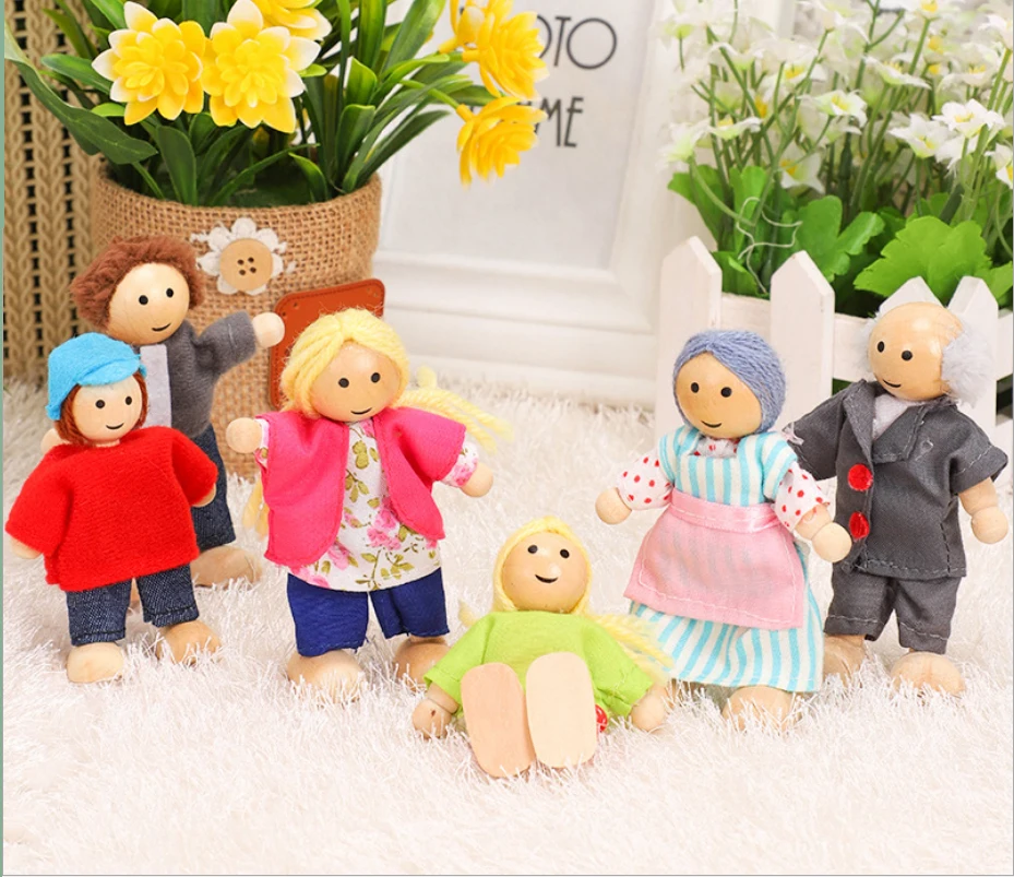 Muñeca feliz familiar, conjunto de personas en miniatura, juguete, muñecas articuladas de madera, muppet para niños, juguetes de imitación, personajes vestidos para contar historias - imagen 5