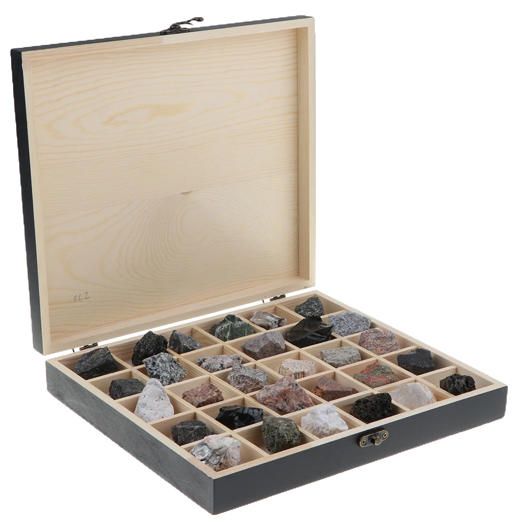 Rock & Mineral Collection - Igneous Rock Set Geology Specimens Earth Science Educational Toy - Wooden Box Of 30pcs Magmatic Rock