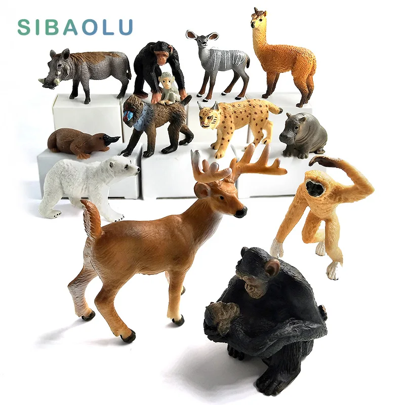 Figuras de animales de hipopótamo, Warthog, chimpancé, oso Polar, ciervo, Mandrill, Lynx, Gibbon, Alpaca, Platypus, accesorios de decoración del hogar