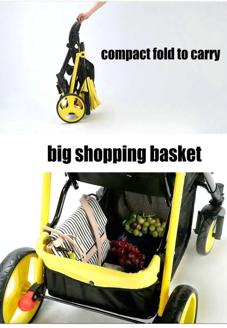 Un carrito de compras amarillo con un pliegue compacto para llevar
