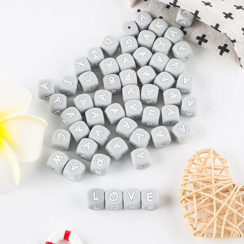 Cuentas de letras de silicona para bebé del alfabeto inglés y gris, 12MM, 10 Uds., letras de cuentas para fabricación de joyería, accesorios de cadena de chupete DIY - imagen 4