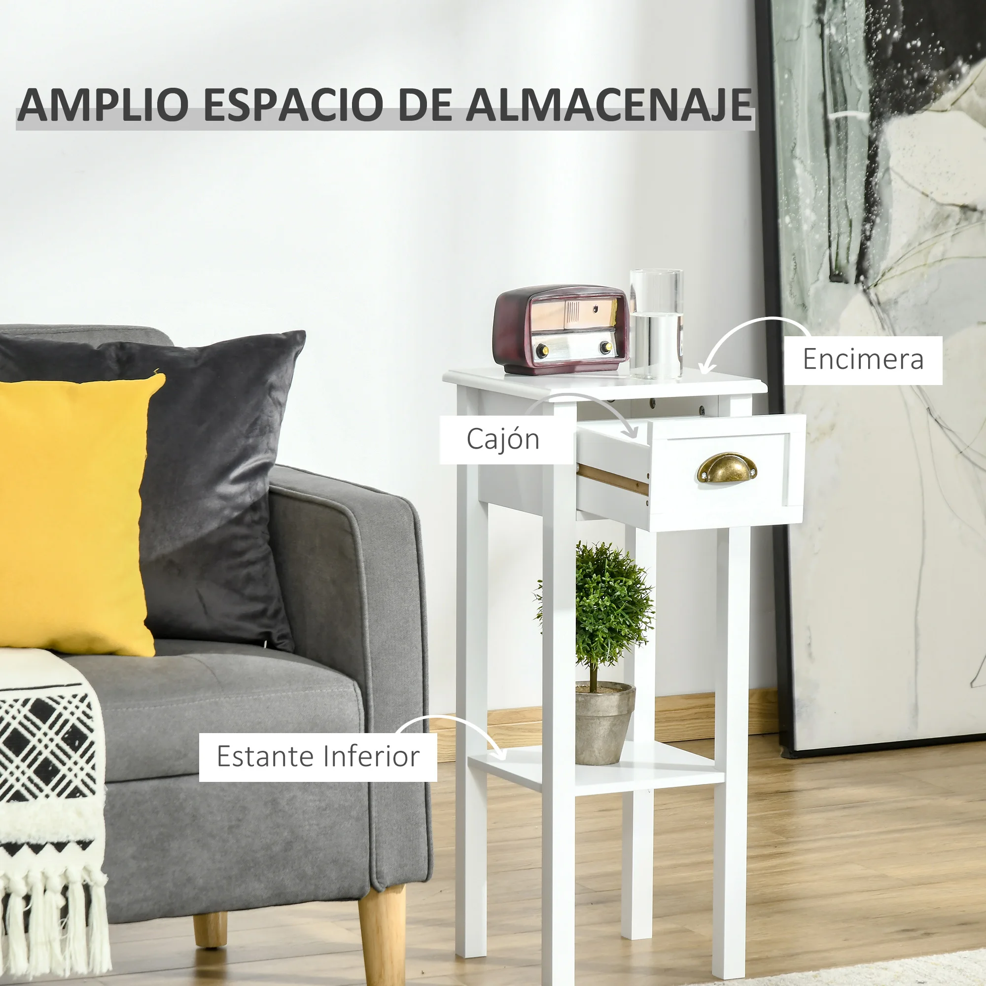 HOMCOM Mesa Auxiliar Mesita de Noche con Cajón y Estante de Almacenamiento Estilo Moderno para Sala de Estar Domitorio 30x30x75 cm Blanco - imagen 3