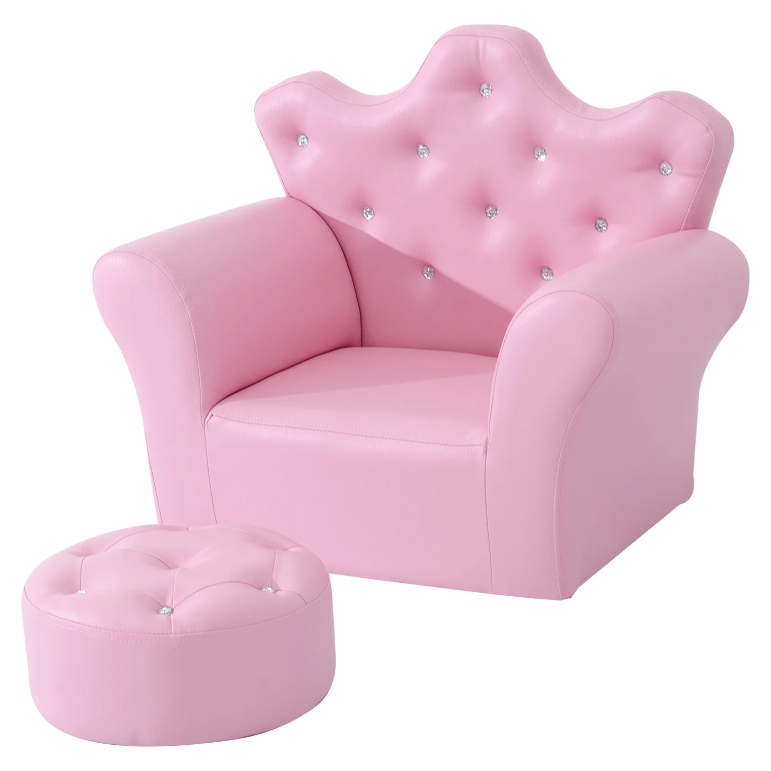 HOMCOM Sofá para Niños con Taburete Sillón Infantil Decorativo con Respaldo Alto en Forma de Corona 58x40,5x49 cm Rosa