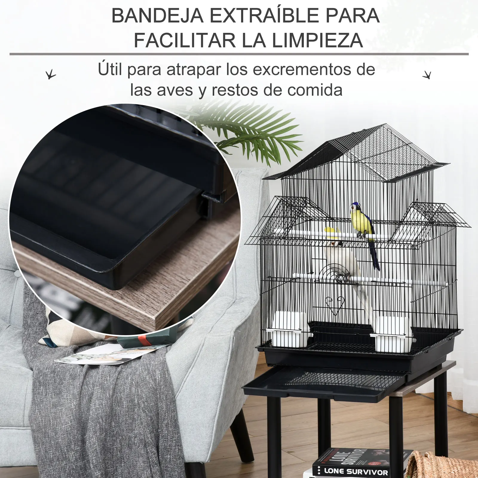PawHut Jaula para Pájaros de Metal Pajarera para Canarios 2 Comederos y Perchas Pinzones Negro - imagen 2