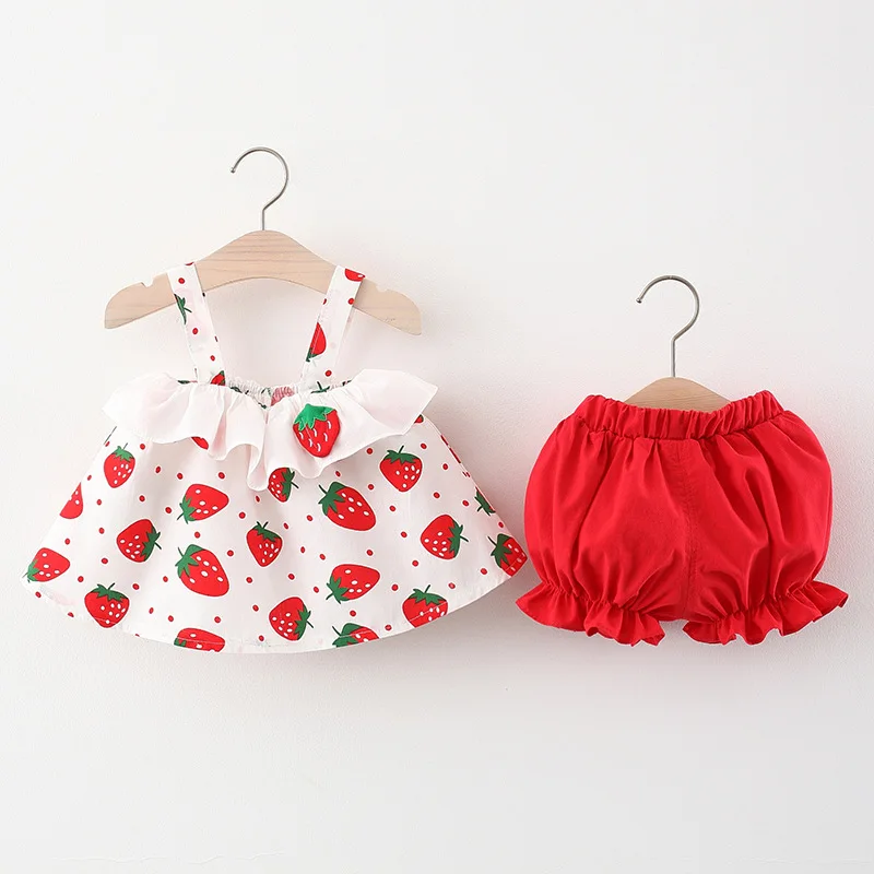 Conjunto de ropa de verano para niña pequeña, Tops sin mangas y pantalones cortos de algodón con estampado de fresas de dibujos animados, BC076, 2 piezas - imagen 5